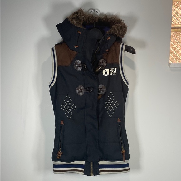 Picture Organic Women's Navy Vest with Fur Hood - Picture 1 of 14